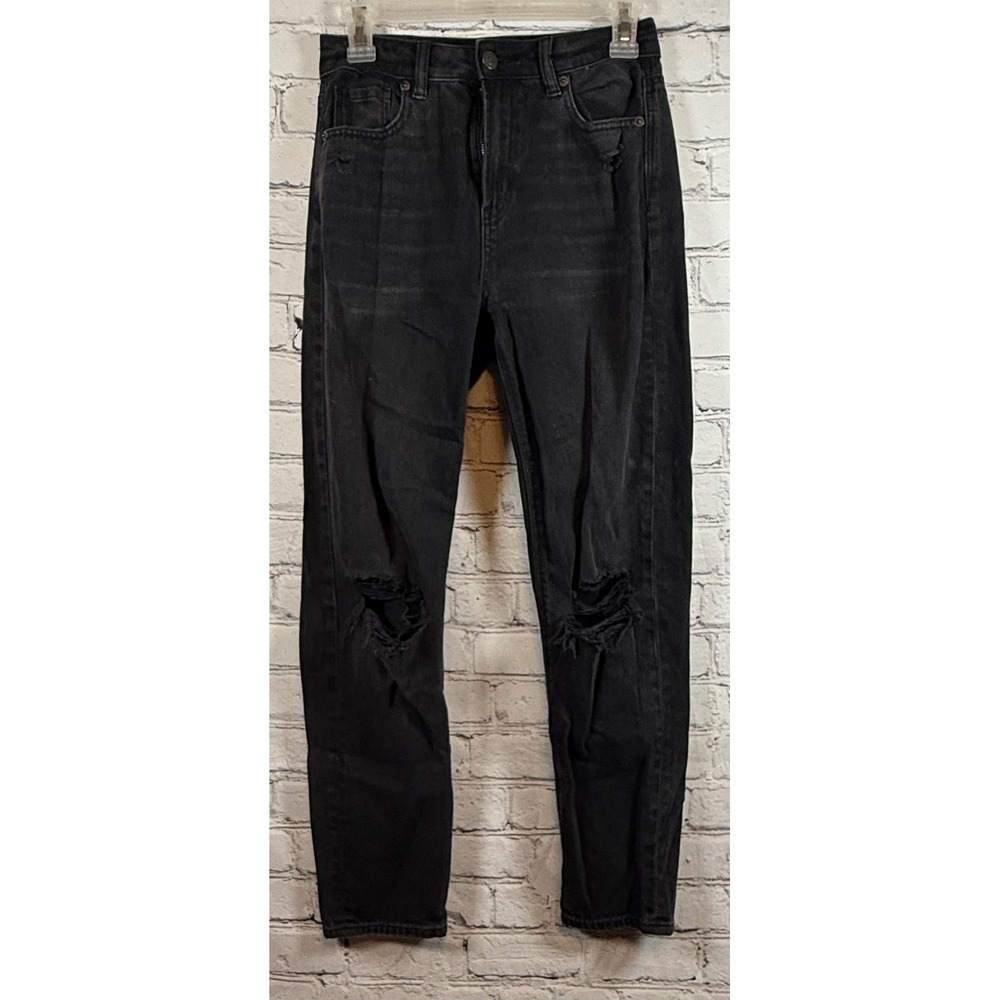 American Eagle Mom Jeans Comfort Stretch Waistband Ripped Black Denim‎